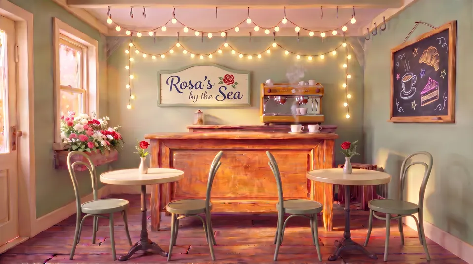 The restored front counter of Rosa's by the Sea café: fairy lights, fresh flowers and café tables under the café's sign