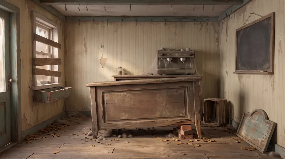 The front counter before: dusty, with boarded-up windows and dry leaves on the floor