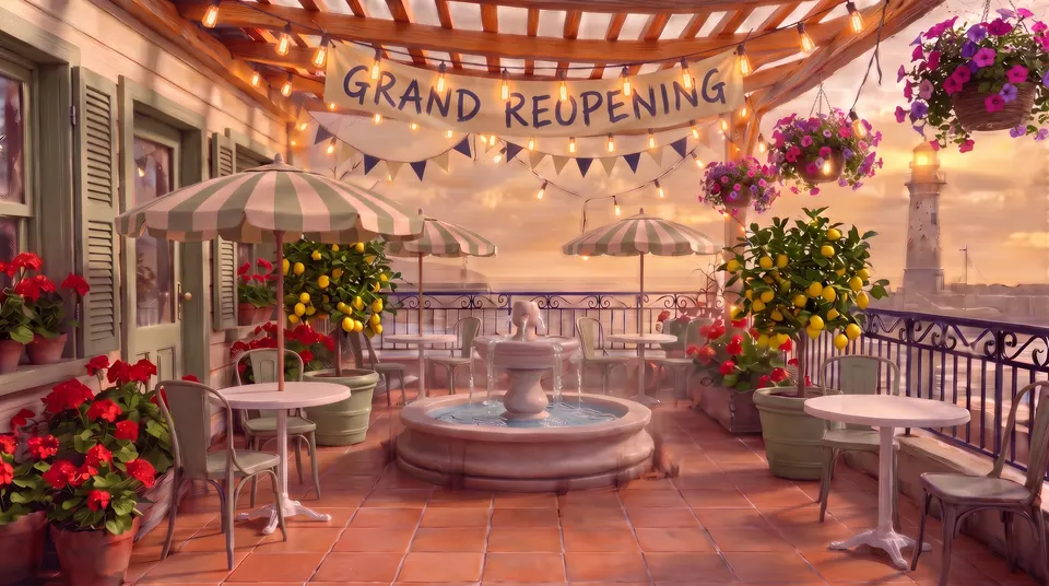 The seaside terrace after: a Grand Reopening banner, umbrellas, flowers and lemon trees by the lighthouse